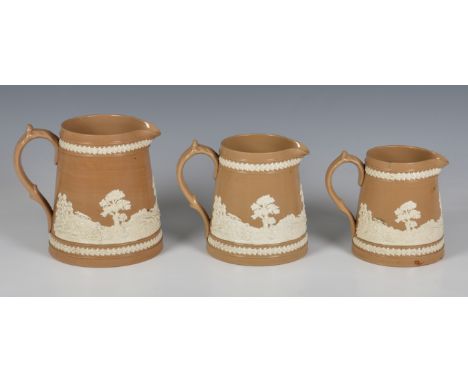 Three Victorian Copeland Late Spode graduated jugs, buff stoneware with sprigged relief decoration of fox hunting scenes, imp