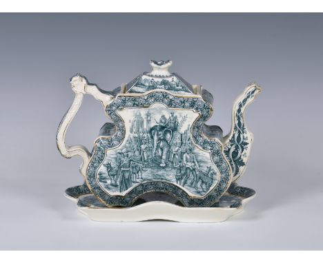 A Victorian Burgess and Leigh Aesthetic style blue and white teapot and stand, decorated with an Indian hunting scene and hei