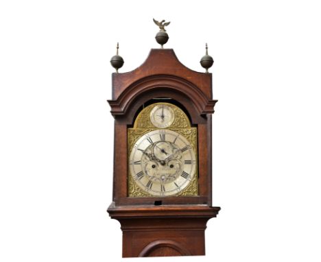 A late 18th century Channel Islands longcase clock, the eight day movement fronted by a silvered arched dial with Roman chapt