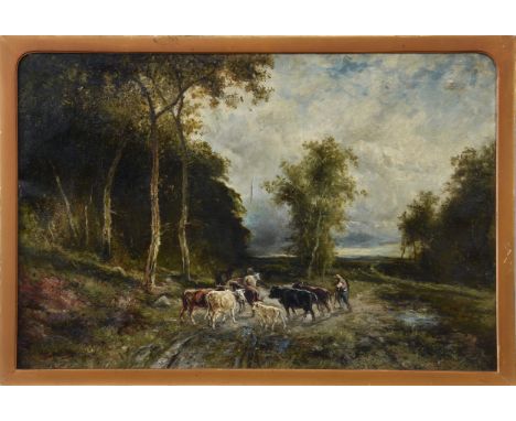 Follower of Jean-Baptiste-Camille Corot (French, 1796 - 1875), A cattle drover in a wooded landscape, oil on canvas, signed i