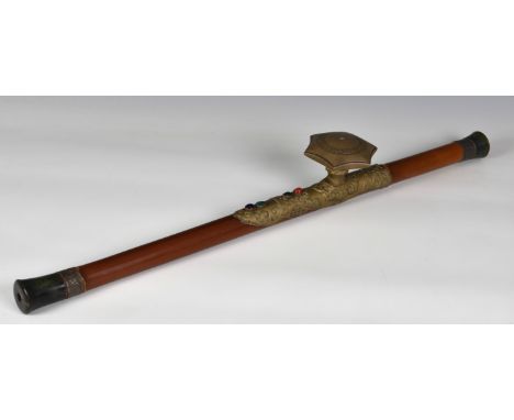 A Chinese white metal mounted bamboo opium pipe, probably Qing Dynasty, with mottled spinach and ochre jade mouth and end pie