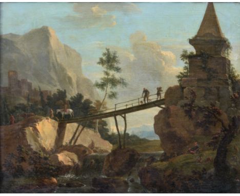Attributed to Franz de Paula Ferg (Vienna, 1689-1740), Landscape with Bridge and Waterfall, oil on panel, unsigned, early lab