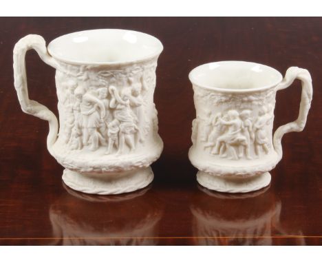 Charles Meigh - two white porcelain tankards with vine handles, 19th century, bisque glaze to exterior with raised figures in