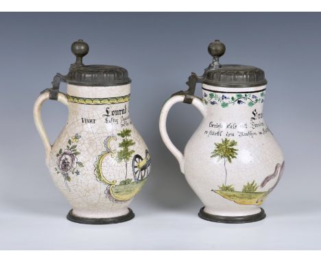 Two 19th century German pewter mounted ceramic stein, bulbous, baluster form, the first depicting a soldier firing cannon, th