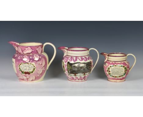 Three Sunderland pink lustre jugs, to include a large early nineteenth century Sunderland pink lustre christening jug, painte