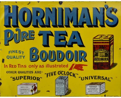 An early 20th century enamel advertising sign for "Hornimans Pure Tea - Finest Boudoir - In Red Tins only as Illustrated", 30