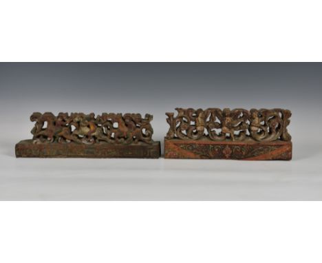 Two Italian carved wooden polychrome painted frieze panels, 18th / 19th century, one depicting jockeys on racehorses, with ca