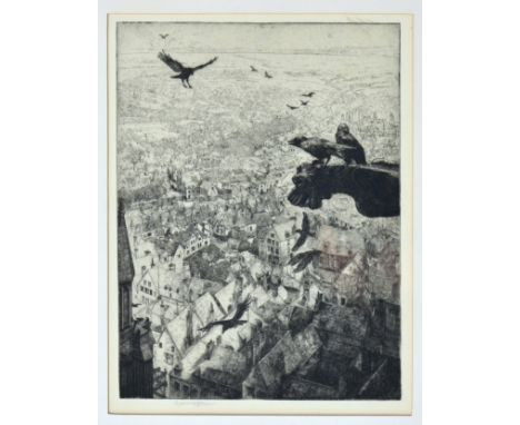 George Maples ARE (British, 1869-1939)., "Jackdaws of Chartres", etching, signed in pencil lower right, inscribed with the na