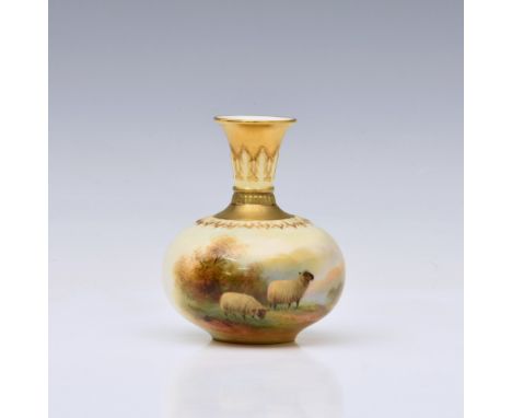 A Royal Worcester porcelain squat sheep painted bottle vase by Harry Davis, painted with two sheep in a meadow, signed, the t