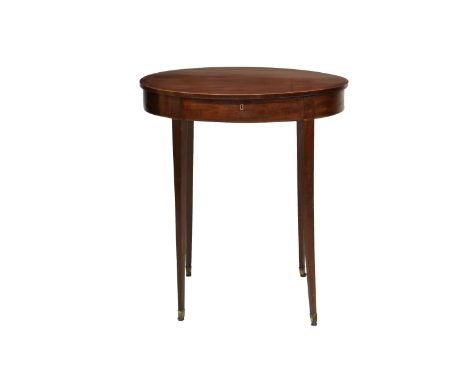 A George III oval crossbanded mahogany occasional table with lidded top, the oval top opening to storage over a plain strung 
