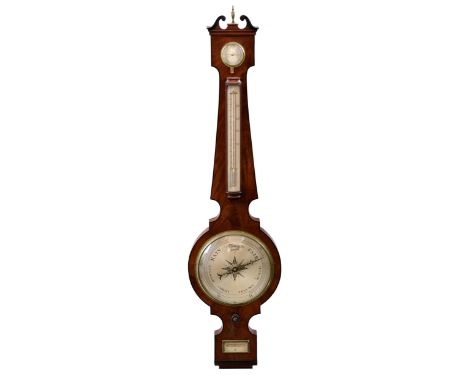A George IV mahogany and ebony wheel barometer by Deards of Harlow, the ebony swan's neck pediment over an ebony strung case 