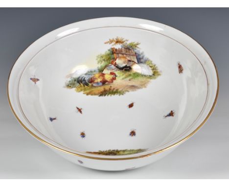 A large white Dresden Porcelain Bowl / basin, made for Harvey Nichols, hand painted decorations of ducks, chickens and insect