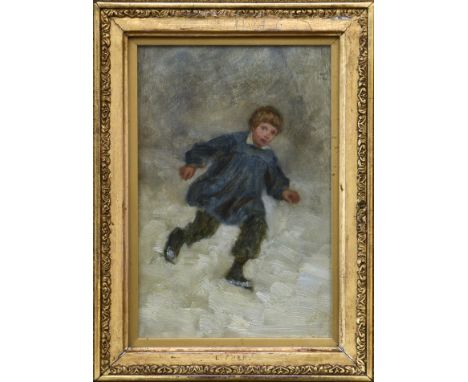 Pierre Edouard Frere (French, 1819-1886), Young boy running in the snow, oil on mahogany panel, red printed artist's stamp lo