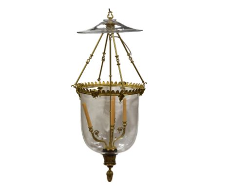 A good pair of large French gilt metal and glass ceiling lanterns, second half 20th century in the Regency style, the blown g