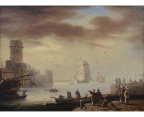 Thomas Luny (British, 1759-1837), An Eastern Harbour with a Square Rigger Entering, Moorish figures on shore, oil on panel, s