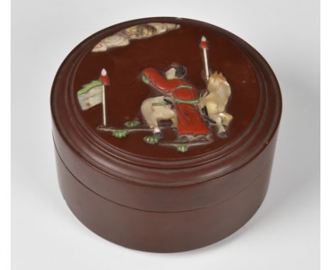 A Chinese lacquer box and cover, probably early 20th century, circular, the cover applied with mother of pearl, hardstone and