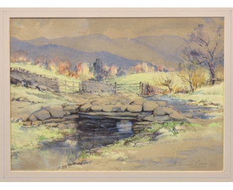 H. Cronin Lowe (British, first half 20th century), Stone bridge in a lowland landscape, watercolour on tinted paper, signed a