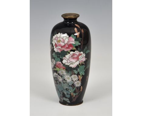 A small Japanese cloisonné enamel black ground vase, Meiji period (1868-1912), decorated with a sparrow in flight beside larg