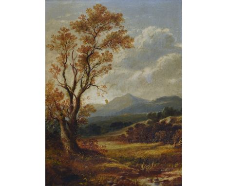 William Porteous, RSA (Scottish, 1831-1882), "Pentland Hills", Scotland, oil on panel, signed and titled to artist's label ve