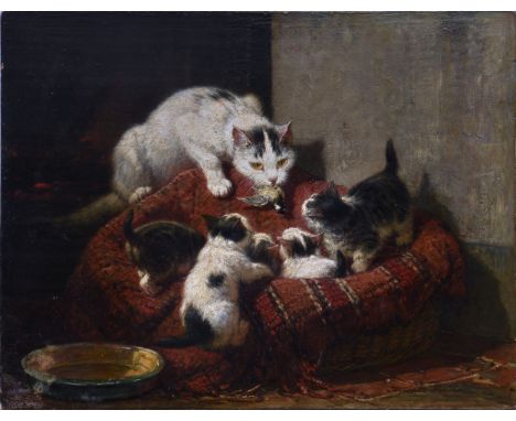 Henriëtte Ronner-Knip (Dutch-Belgian, 1821-1909), A feathered gift, oil on mahogany panel, signed 'Henriette Ronner' lower ri