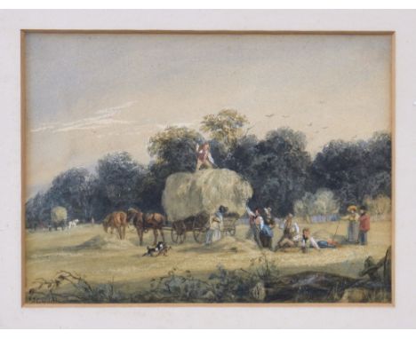 Follower of John Constable, RA (British, 19th century), In the hayfield, watercolour heightened with bodycolour, signed indis