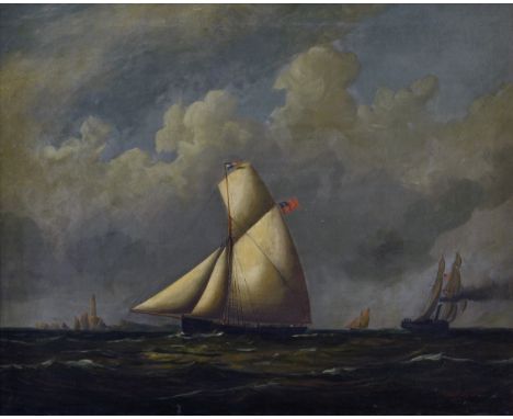 Philip John Ouless (Jersey, 1817-1885), The Jersey cutter "Freedom" off the Casquettes, flying the house flag of Le Couteur B