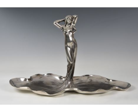 A WMF Art Nouveau silver plated visiting card tray, early 20th century, depicting a female figure in a long, flowing diaphano