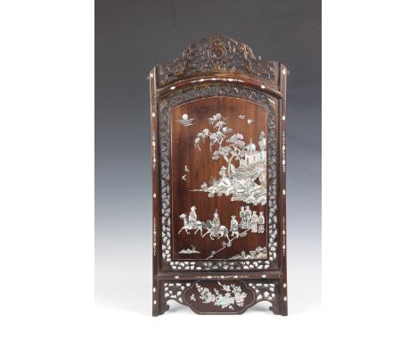 A Chinese mother of pearl inlaid hardwood panel, probably early 20th century, possibly original part of a table screen, inlai