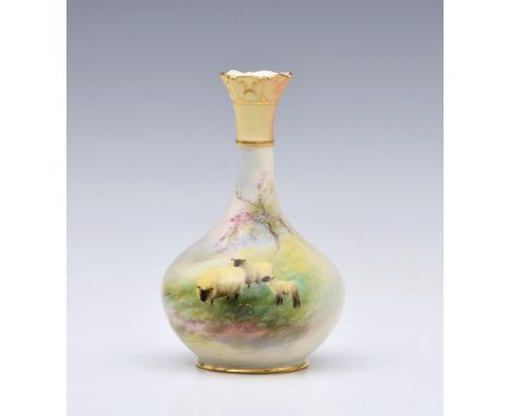 A Royal Worcester porcelain sheep painted bottle vase by Harry Davis, painted with two sheep and a lamb in a spring meadow, s