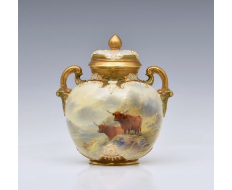 A Royal Worcester porcelain highland cattle painted globular vase and cover by John Stinton, painted with two highland cattle