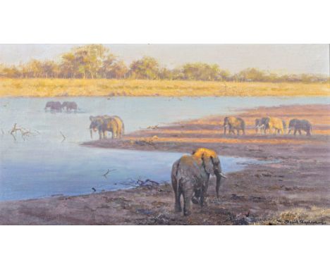 David Shepherd CBE, OBE, FRSA, FGRA (British, 1931-2017), Elephants at the Watering Hole, oil on canvas, signed and dated 198