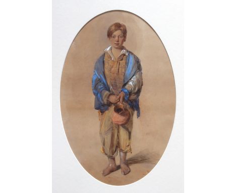 Octavius Oakley, RWS (British, 1800-1867), Portrait of a boy holding a pottery jug, oval, watercolour, heightened with bodyco