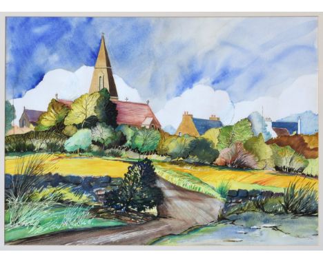 John Wileman (British, 20th century), St Ouen's Church from Rue de la Campagne, Jersey, gouache and mixed media, signed and d