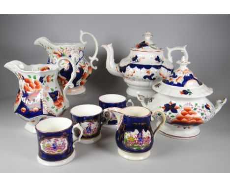 A PARCEL OF GAUDY WELSH POTTERY in various patterns including a 'Grape' pattern faceted jug and teapot, 'Chinoiserie' pattern