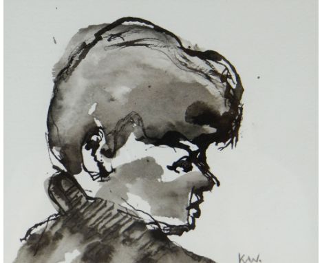 SIR KYFFIN WILLIAMS RA colourwash - preparatory head & shoulders portrait of a young boy, signed with initials, 15 x 18cms