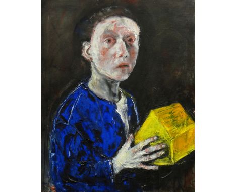 SHANI RHYS JAMES MBE oil on linen - half self-portrait holding model building, entitled on Martin Tinney Gallery label verso 