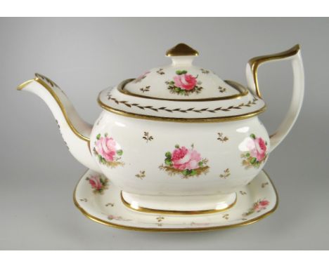 A NANTGARW PORCELAIN TEAPOT, COVER & STAND of of oval bellied form and with mushroom finial, decorated with a series of pink 