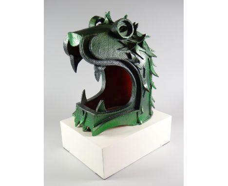 FRANK ROPER ARCA aluminium sculpture on wooden plinth - painted head of dragon with mouth open and scales, 37cms high