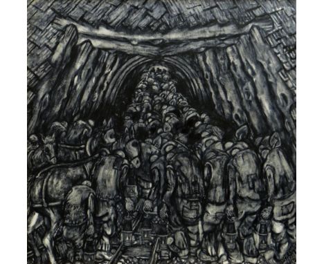 NICK EVANS oil on board - powerful & hypnotic coal mining illustration, depicting a vast number of hunched over miners obedie