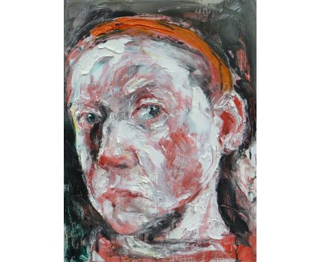 SHANI RHYS JAMES MBE oil on canvas - head self-portrait turned to the right, entitled verso 'Shadows', Martin Tinney label ve