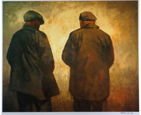 ANEURIN JONES coloured print - two standing farmers entitled verso 'Goleuni (Light)', signed lower right, 41 x 50cms Provenan