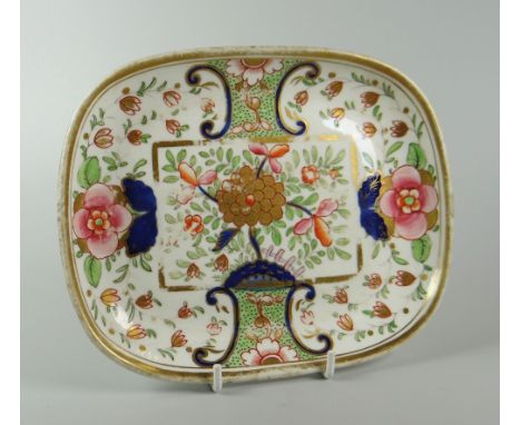 A SWANSEA PORCELAIN JAPAN PATTERN TEAPOT STAND in typical Imari style palette with pink chrysanthemum, stencilled SWANSEA mar