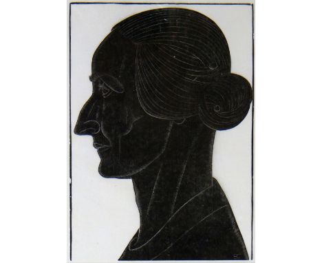 ERIC GILL wood engraving - silhouette portrait of a lady with hair up, entitled 'Mrs Williams', engraved monogram, 23 x 17cms