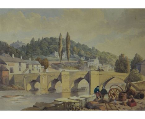 ATTRIBUTED TO JOHN SELL COTMAN watercolour - Llangollen Bridge with figures chatting by a wall & Castell Dinas Bran in the ba