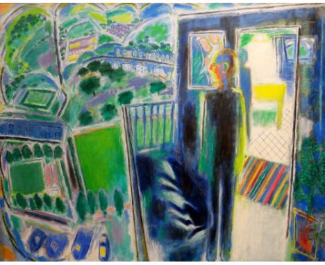 ERNEST ZOBOLE oil on canvas - large important work with interior and exterior view and standing self-portrait with reclining 