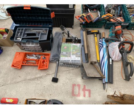 A QUANTITY OF ITEMS TO INCLUDE A TOOLS BOX, SHOVELS, TWO ELECTRIC HEDGECUTTERS, AXE, POWA POST CUBES ETC 