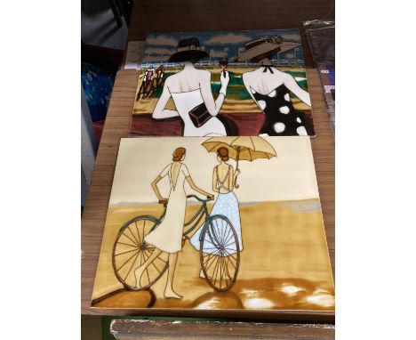TWO LARGE WALL TILES WITH TUBELINED DECORATION OF VINTAGE SCENES OF LADIES 