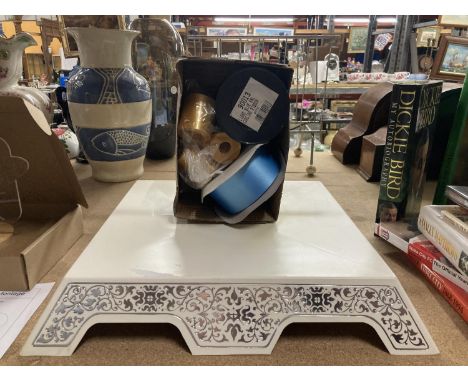 A WEDDING CAKE STAND PLUS A BOX OF RIBBONS 