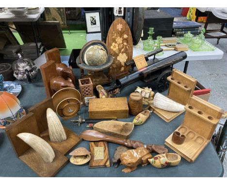 A LARGE AMOUNT OF TREEN ITEMS TO INCLUDE BOOKENDS, BOXES, A CART, PIPE STANDS, GLOBE, FROGS, ELEPHANTS, PLUS A POLISHED PIECE