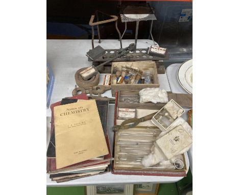 A LARGE QUANTITY OF VINTAGE LABORATORY EQUIPTMENT TO INCLUDE TEST TUBES, TEST TUBE HOLDERS, CLAMPS FRAMES, GAUZE AND VARIOUS 